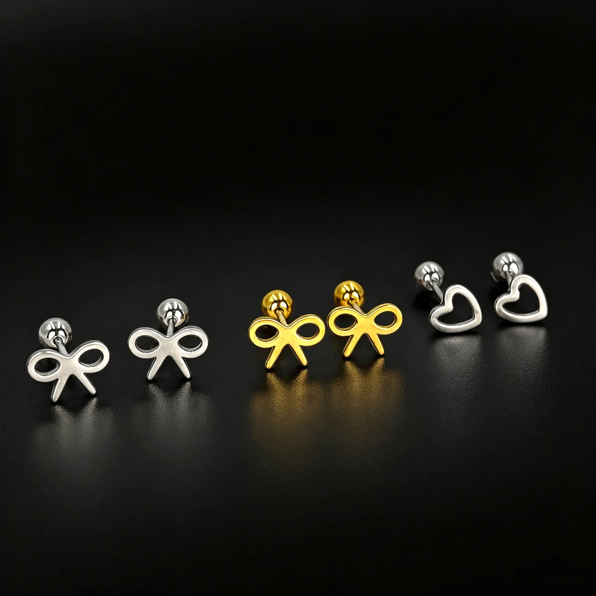 Minimalist Stainless Steel Bowknot Heart Stud Earrings For Women Tiny Helix Piercing Earring Gold Silver Plated Jewelry Gift