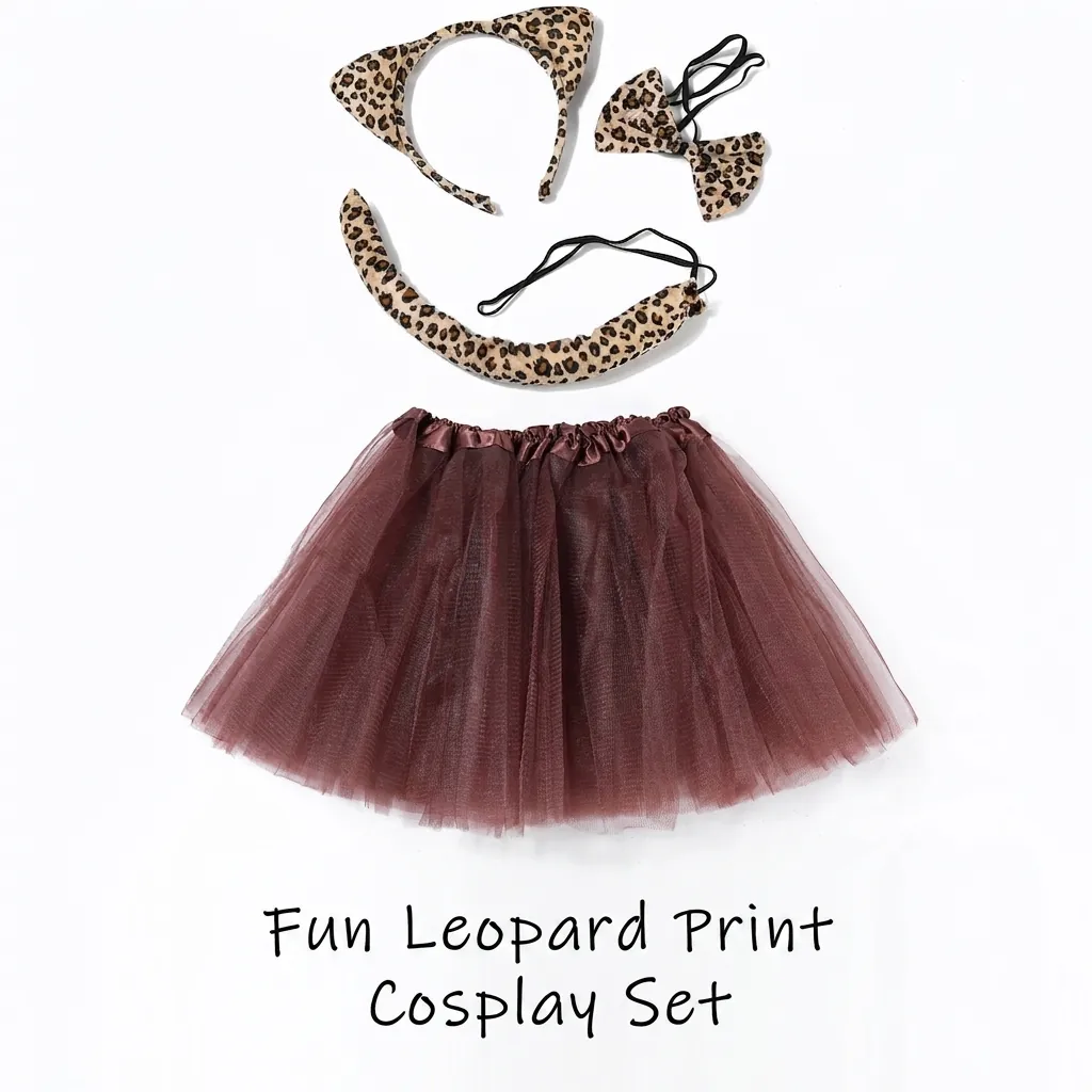 Halloween Leopard Cat Ears Headband Bow Tie Tail Tutu Skirt Set Animal Costume Cosplay Props Party Decoration For Unisex