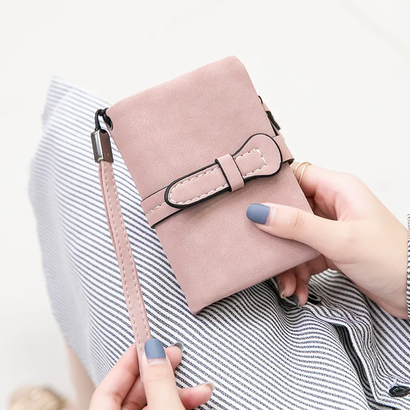 Women Short Folding PU Leather Wallet Solid Color Minimalist Small Purse With Bow Decoration And Wrist Strap