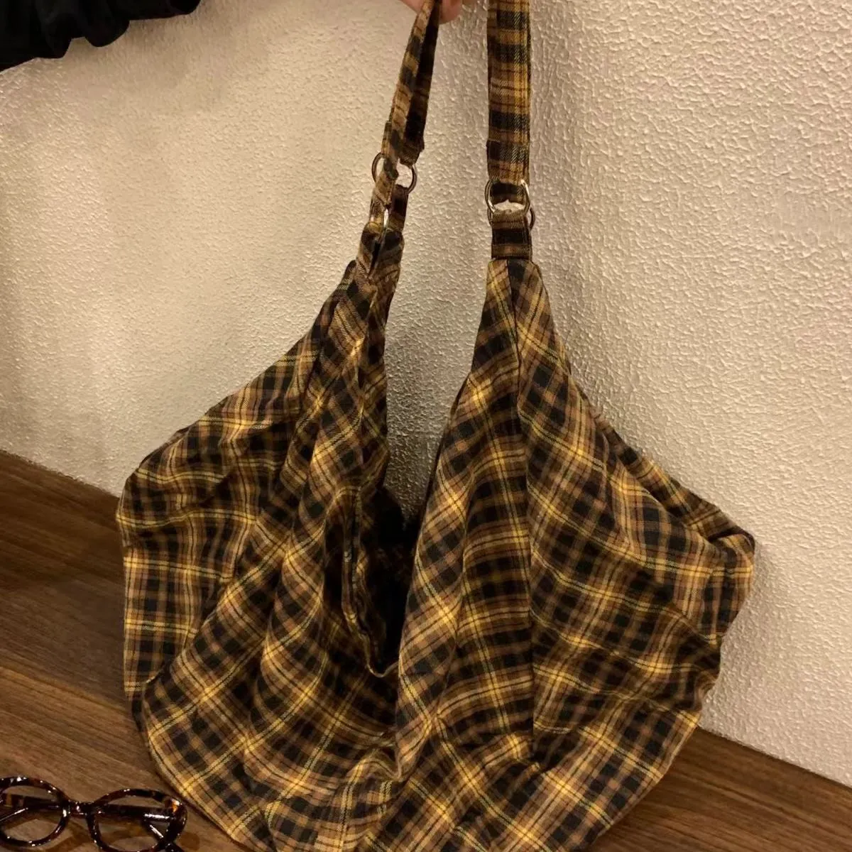 Sac Cabas en Toile à Carreaux Rétro Coréen Pour Femmes Sac Hobo Grande Capacité Sac à Main de Trajet Sac à Épaule Jaune Carreaux