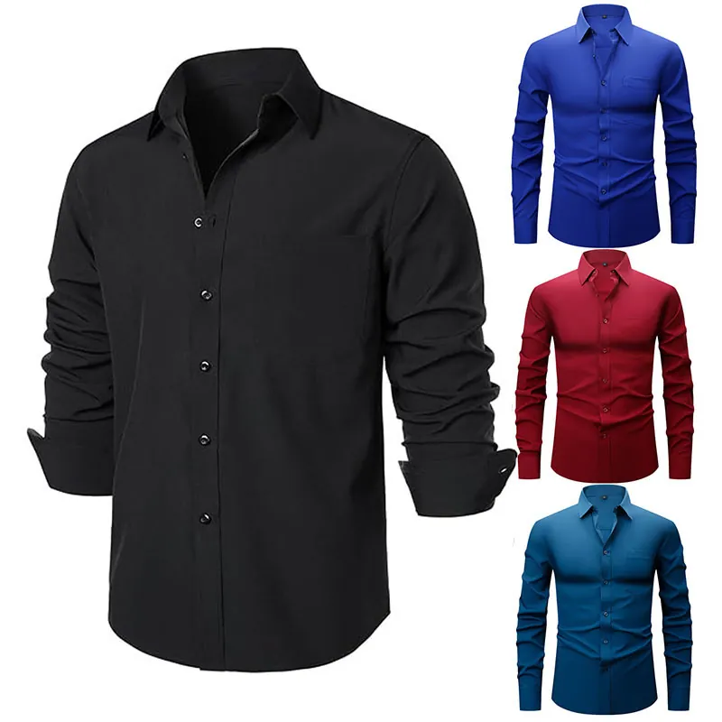 Men's Business Formal Shirt Four Way Stretch Wrinkle Free Long Sleeve Button Down Dress Shirt For Office Work Men Top