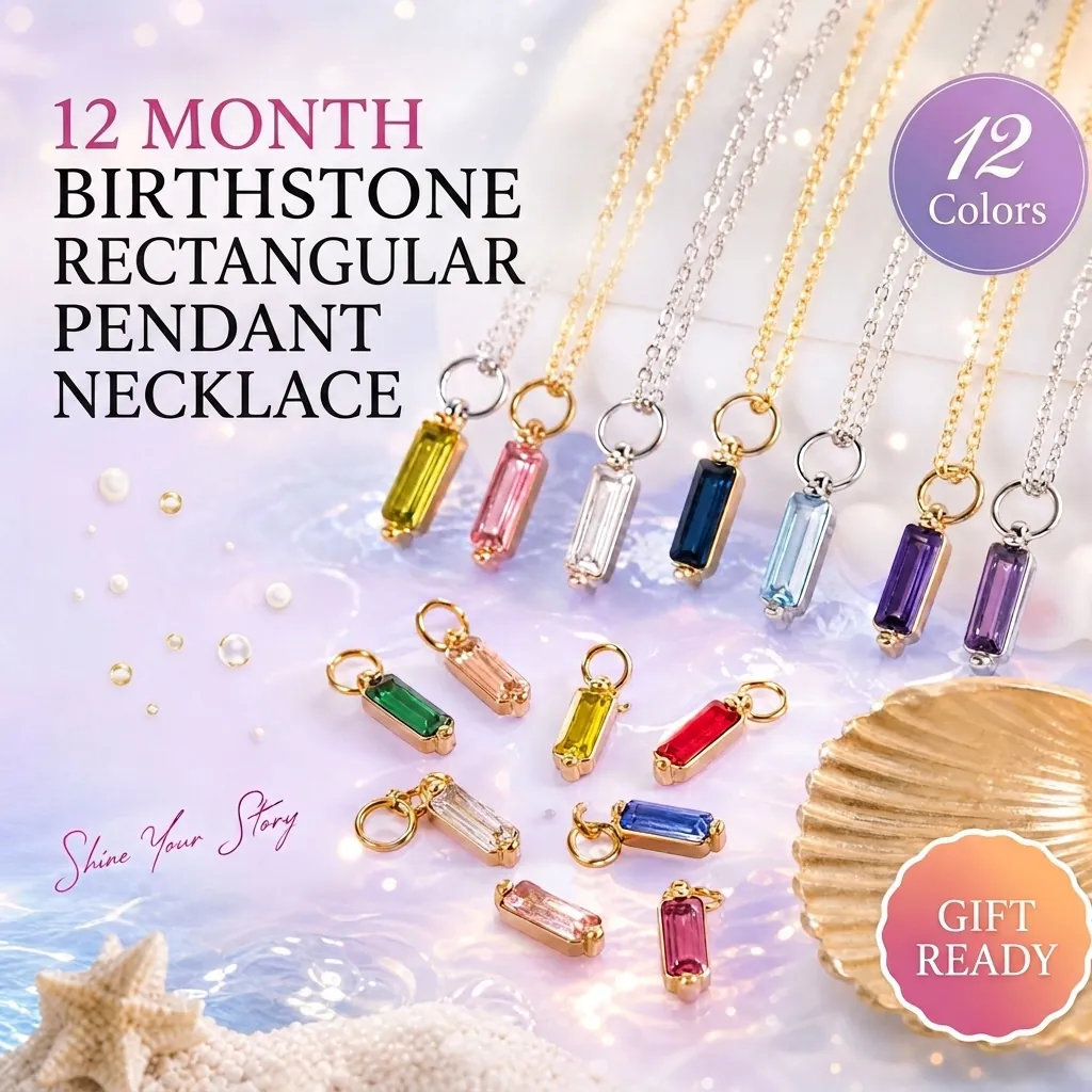 Collier Pierre De Naissance Acier Titane Pendentif Rectangle Zircon Bijoux Mois Colorés Élégants Pour Femmes