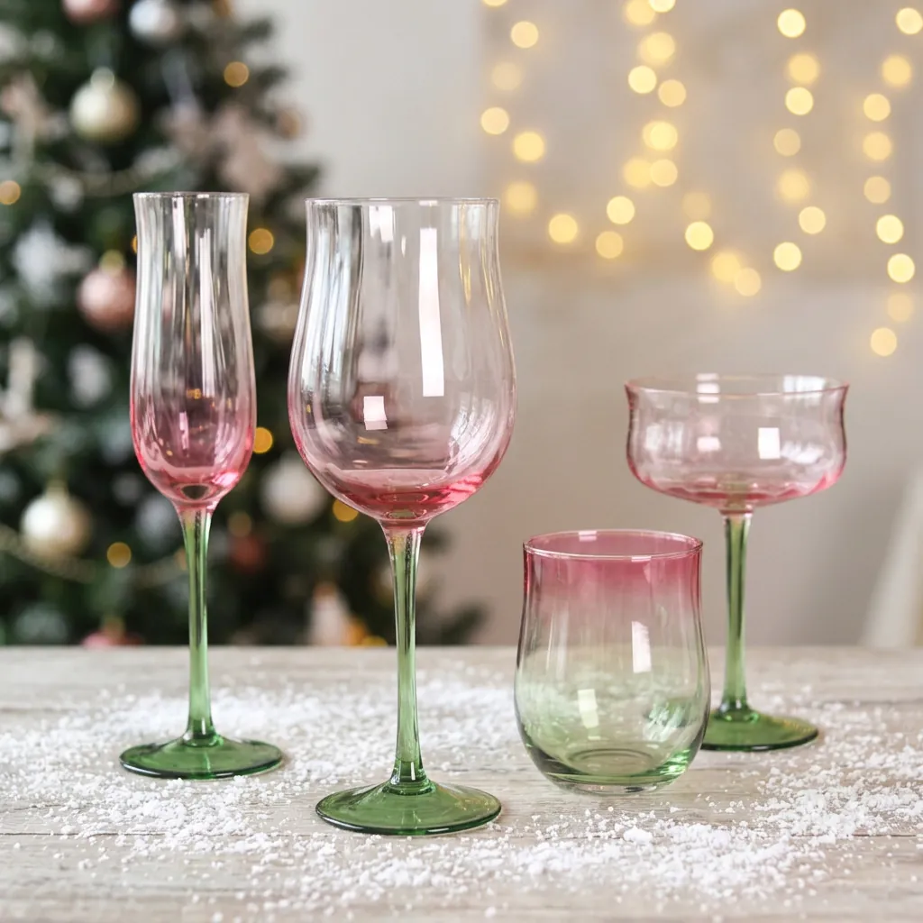 Vintage Tulpenform Verlauf Glaswaren Rosa Grün Handgefertigtes Bleifreies Rotwein Champagner Cocktail Wasserglas Für Hochzeitsfeier
