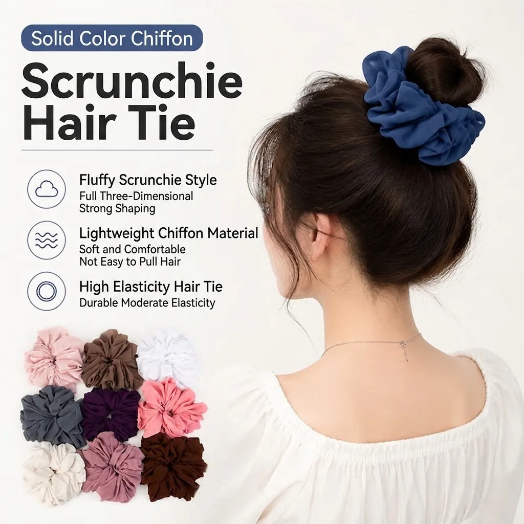 Solid Color Chiffon Scrunchies High Elasticity Hair Ties Voluminous Ruffled Headbands For Women