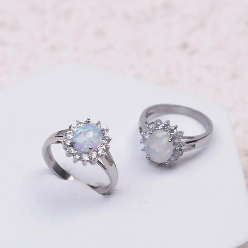 Titanium Steel Sun Flower Halo Ring With Oval Artificial Opal And Rhinestone Fashion Simple Minimalist Jewelry For Women Gift