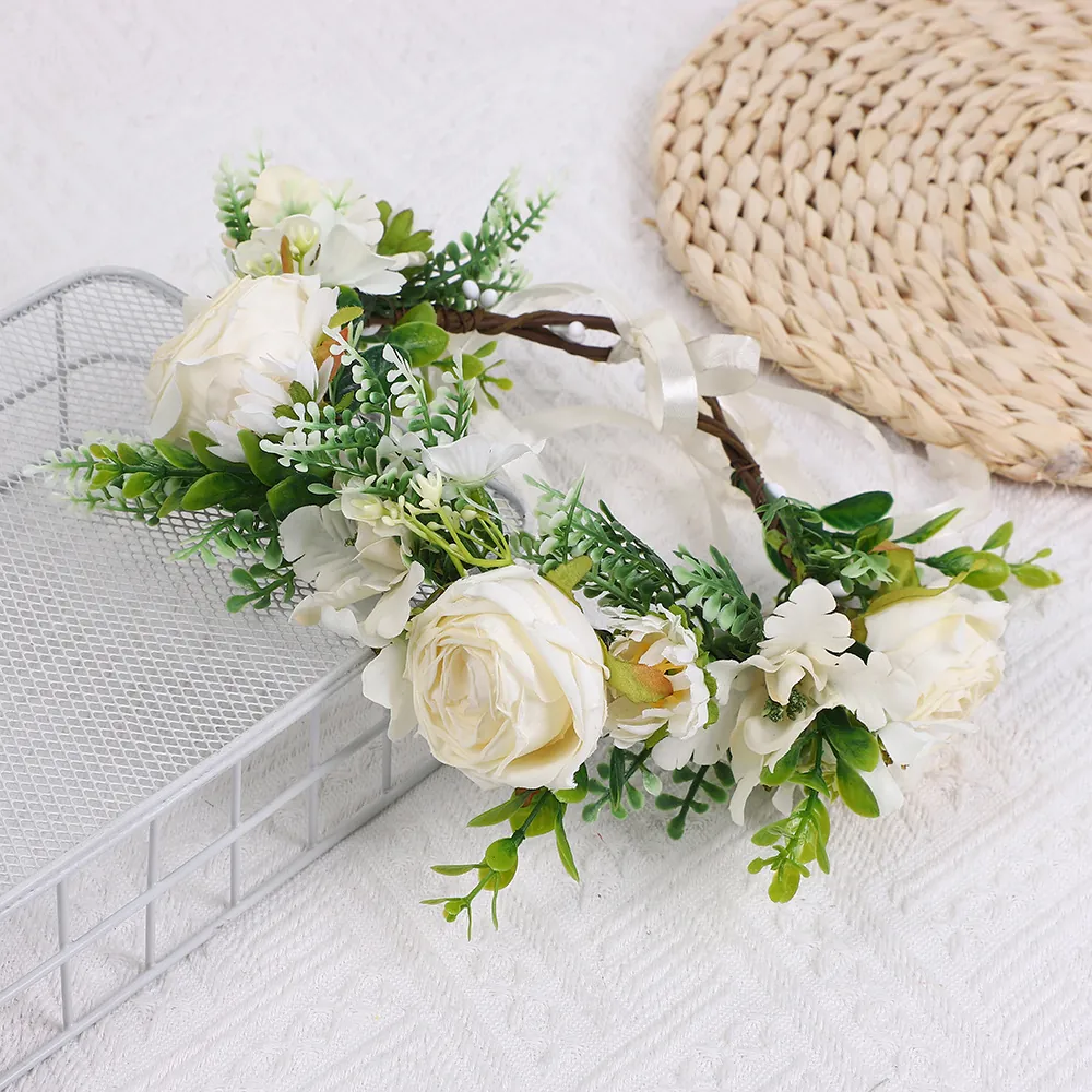 Couronne de Fleurs de Pivoine Artificielle Bohème Bandeau de Cheveux pour Mariage Mariée Guirlande Accessoires Femme Fête
