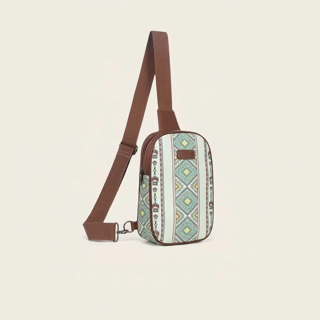 Bohemian Geometric Print Canvas Chest Bag For Women Ethnic Style Crossbody Waist Bag Large Capacity PU Leather Sling Bag Travel Shoulder Bag