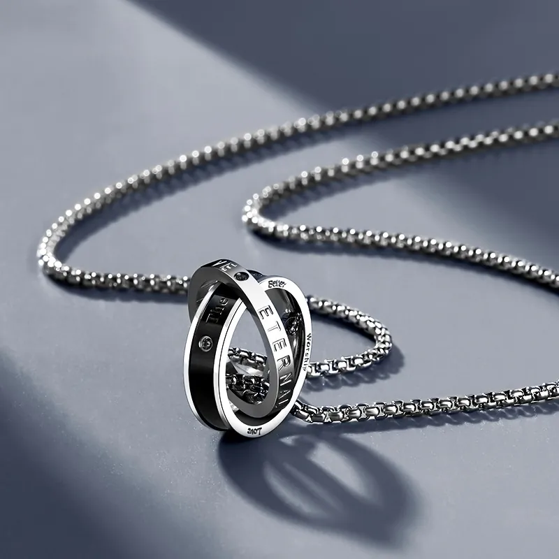 Heren Hip Hop Titanium Staal Dubbele In elkaar grijpende Ringen Hanger Halsketting Zilver Zwart Gegraveerd Eternal Love Strass Inlaid Streetwear Sieraden