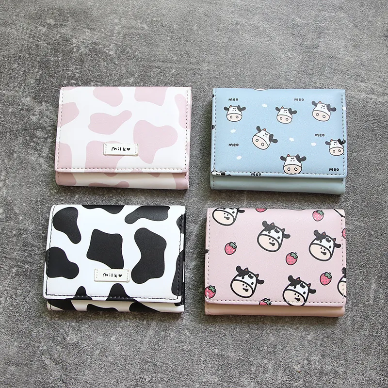 Women Mini Three-Fold PU Leather Wallet Cow Print Short Coin Purse Card Holder Portable Sweet Japanese Style Daily Carry Wallet