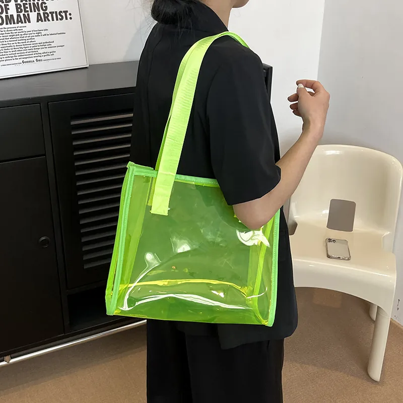 Γυναικεία Διαφανής Τσάντα Tote PVC Μεγάλης Χωρητικότητας Μοντέρνα Τσάντα Ώμου Neon Jelly Αδιάβροχη Τσάντα Χειρός για Ταξίδια