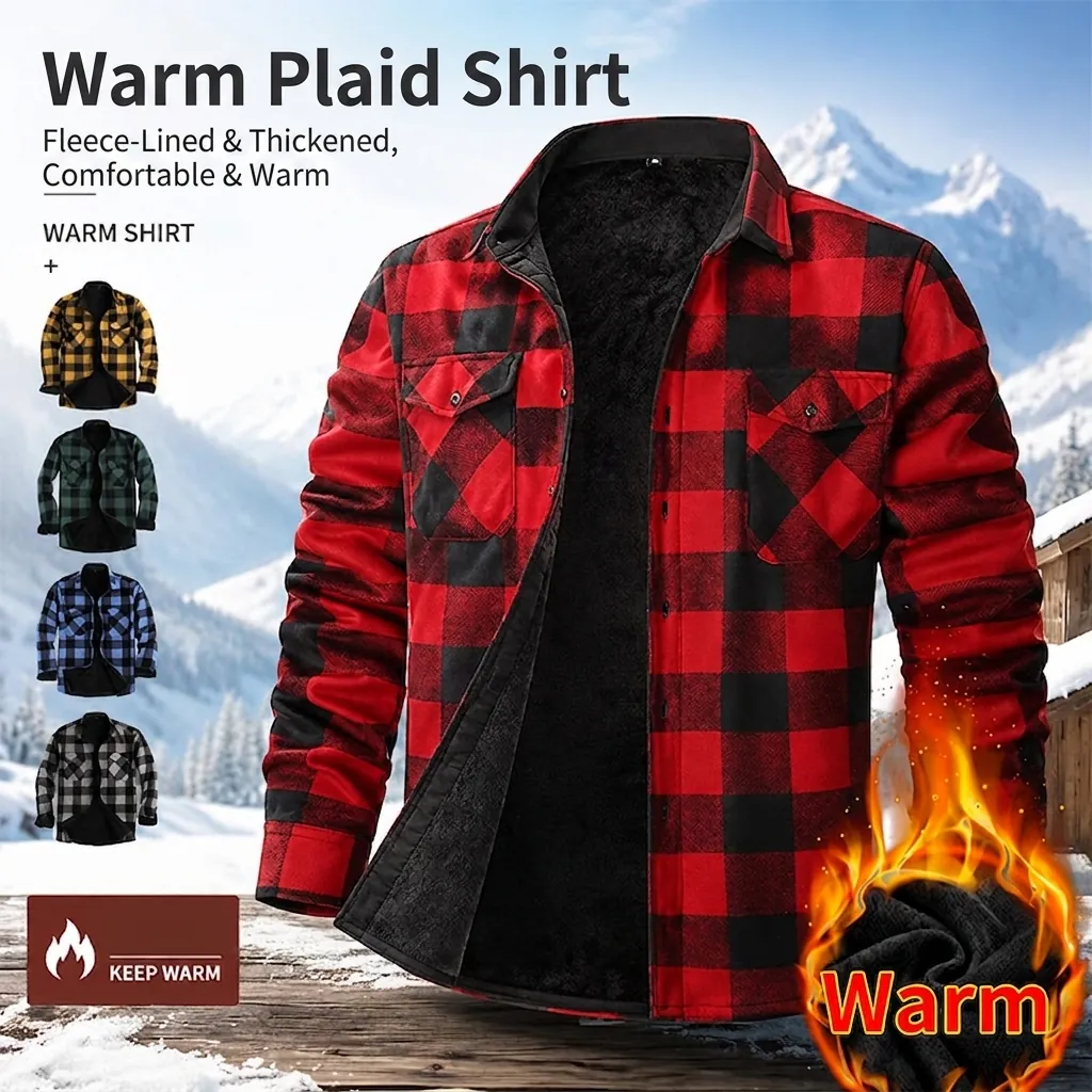 Camisa de Franela a Cuadros para Hombre Forro Polar Manga Larga Casual Cálida Chaqueta con Botones Top de Poliéster Cepillado