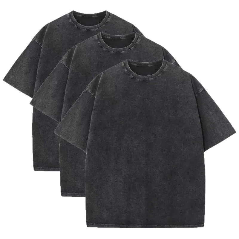 Men Heavyweight Cotton T-Shirt Acid Wash Distressed Short Sleeve Top Pack Basic Solid Color Casual Loose Fit Retro Tee