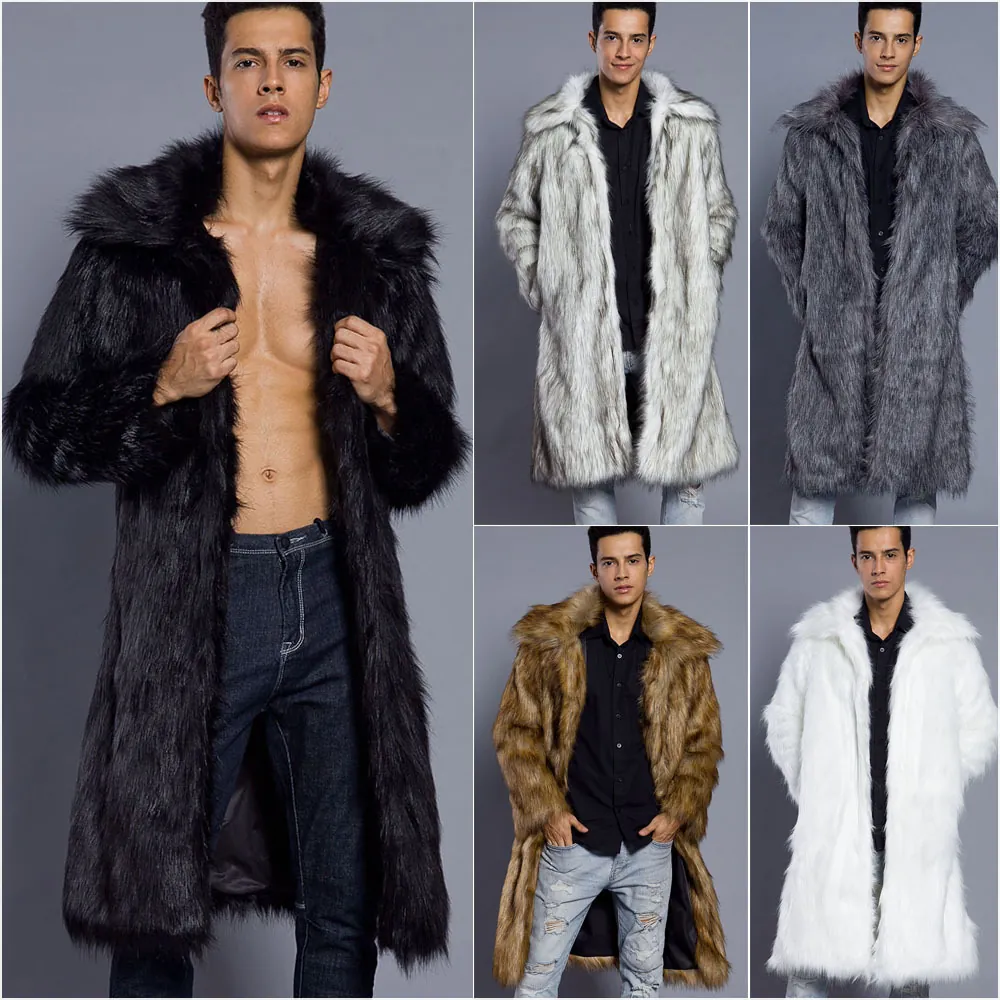 Men Faux Fur Long Coat Autumn Winter Warm Thick Square Collar Outerwear Streetwear Style Jacket Overcoat For Men