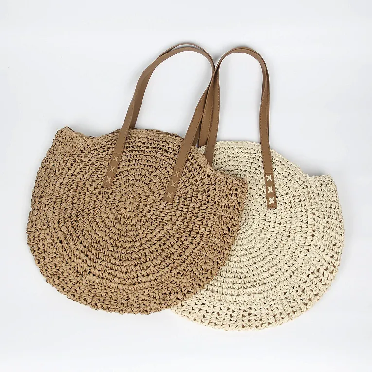 Women Handwoven Round Paper Straw Tote Bag Bohemian Beach Vacation Shoulder Bag Large Capacity Woven Handbag With Zipper
