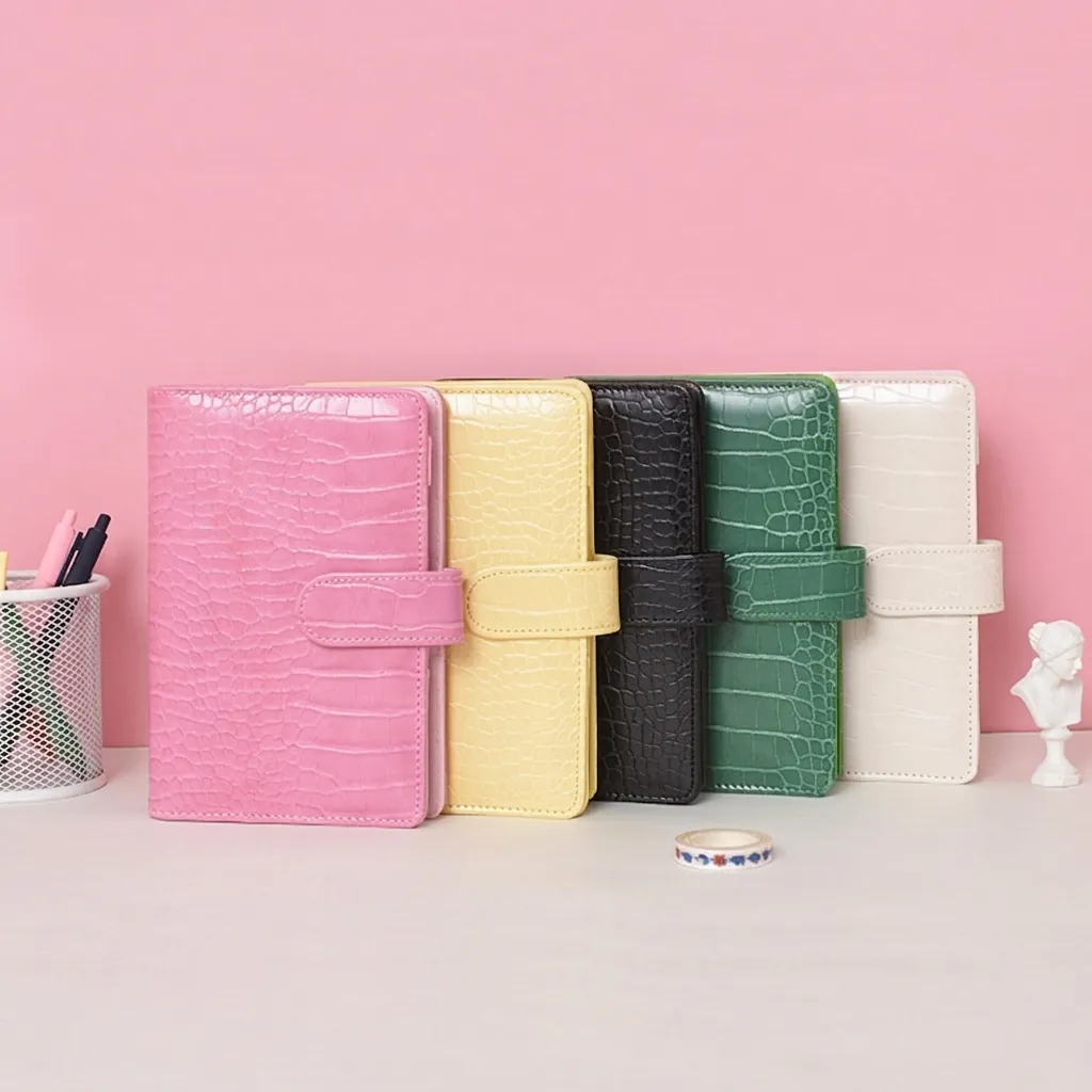 Classeur de Carnet à Feuilles Mobiles en Cuir PU à Motif Crocodile Macaron Planificateur de Budget Organisateur Pour École Bureau Cadeau