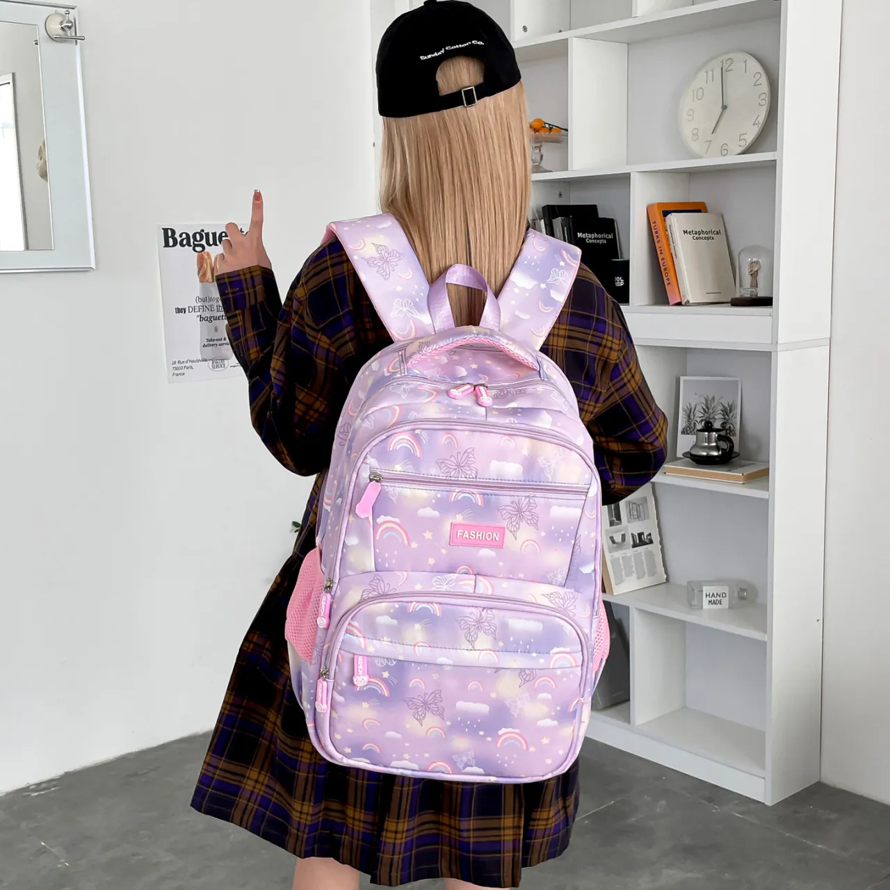 Mochila Escolar para Estudiantes Estilo Coreano Cielo Estrellado Gran Capacidad Ligera de Nailon Con Patrón de Arco Iris Mariposa para Niñas