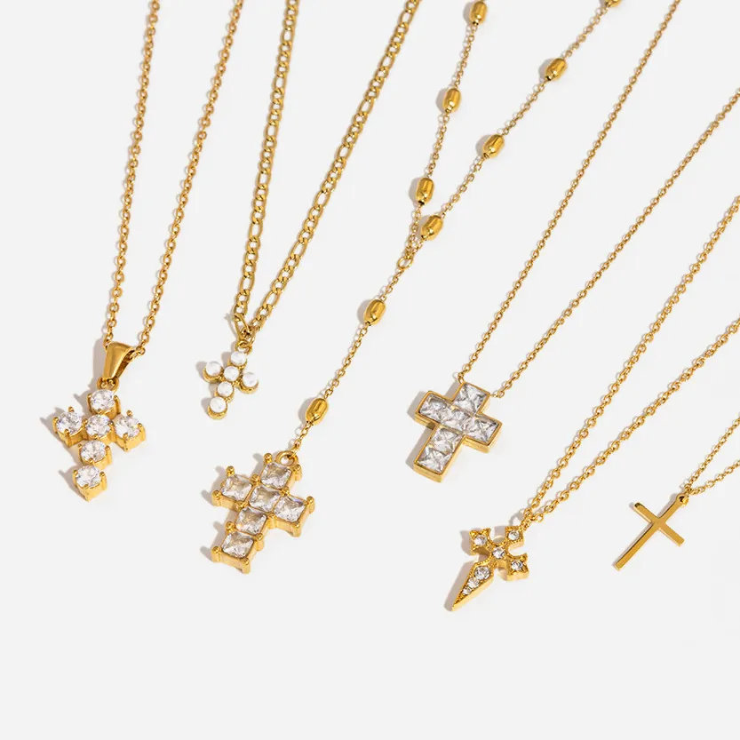 18K Gold Plated Stainless Steel Cross Pendant Necklace For Women Zirconia Artificial Pearl Classic Religious Jewelry