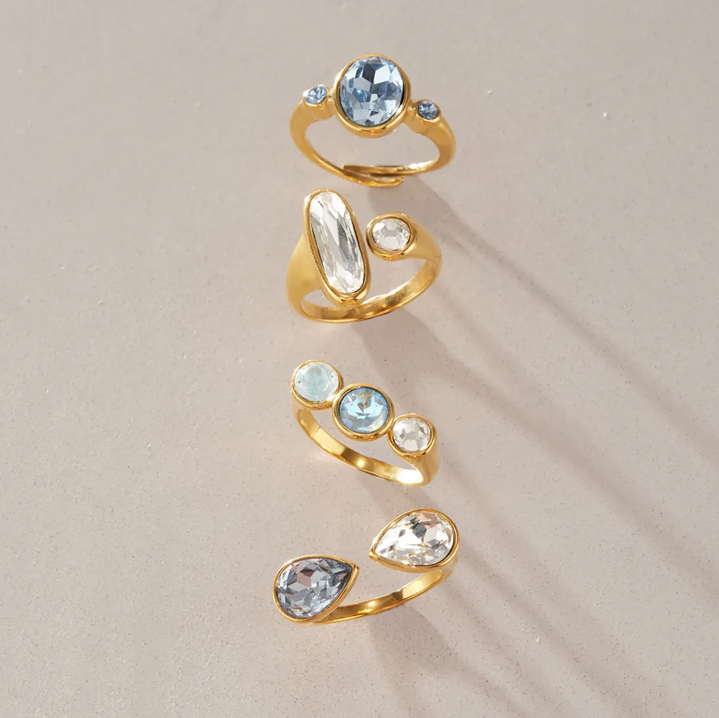 Mode Edelstahl Verstellbarer Offener Ring Für Damen Eleganter Vergoldeter Geometrischer Glaskristall Eingelegter Fingerring Schmuck Geschenk