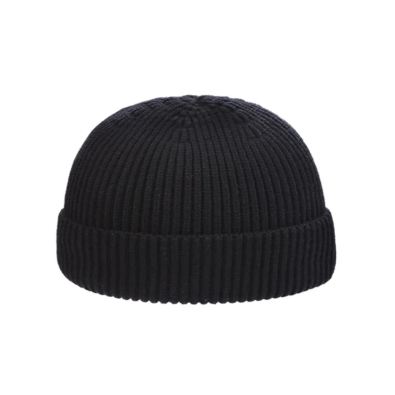 Retro Knitted Ribbed Beanie Hat Warm Solid Color Brimless Docker Cap For Men Women