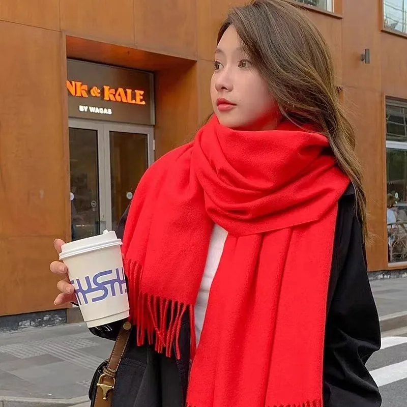 Bufanda de Invierno Gruesa de Color Sólido para Mujer Cálida Suave de Poliéster Tipo Cachemira Bufanda Larga Con Borlas Chal Retro Clásico
