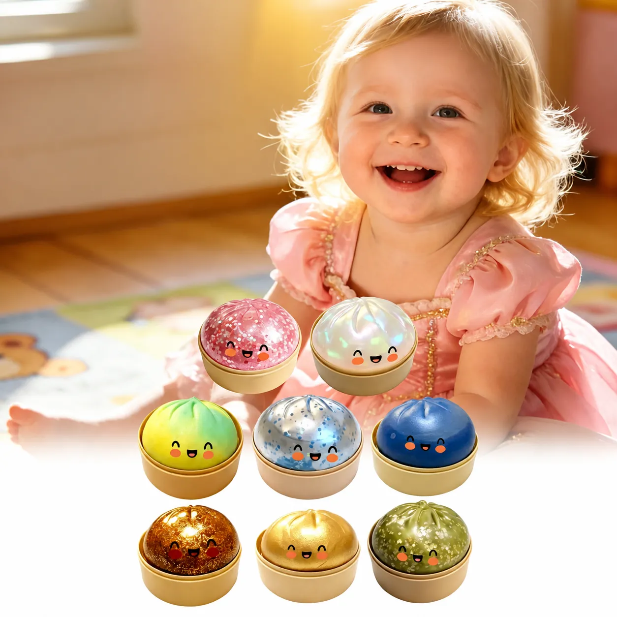 Jouet Squishy Mignon de Pain à la Vapeur Baozi en TPR Soulagement du Stress Rebond Lent Jouet de Compression de Nourriture Créatif avec Base de Cuiseur Vapeur pour Enfants Adultes