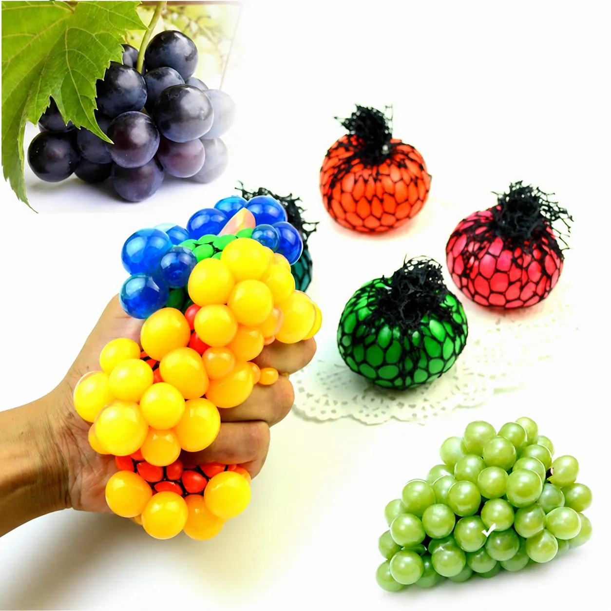 Multicolor Mesh Squishy Grape Ball Stress Relief Toy For Kids Adults Creative Novelty Decompression Squeeze Toy Fidget Ball Gift