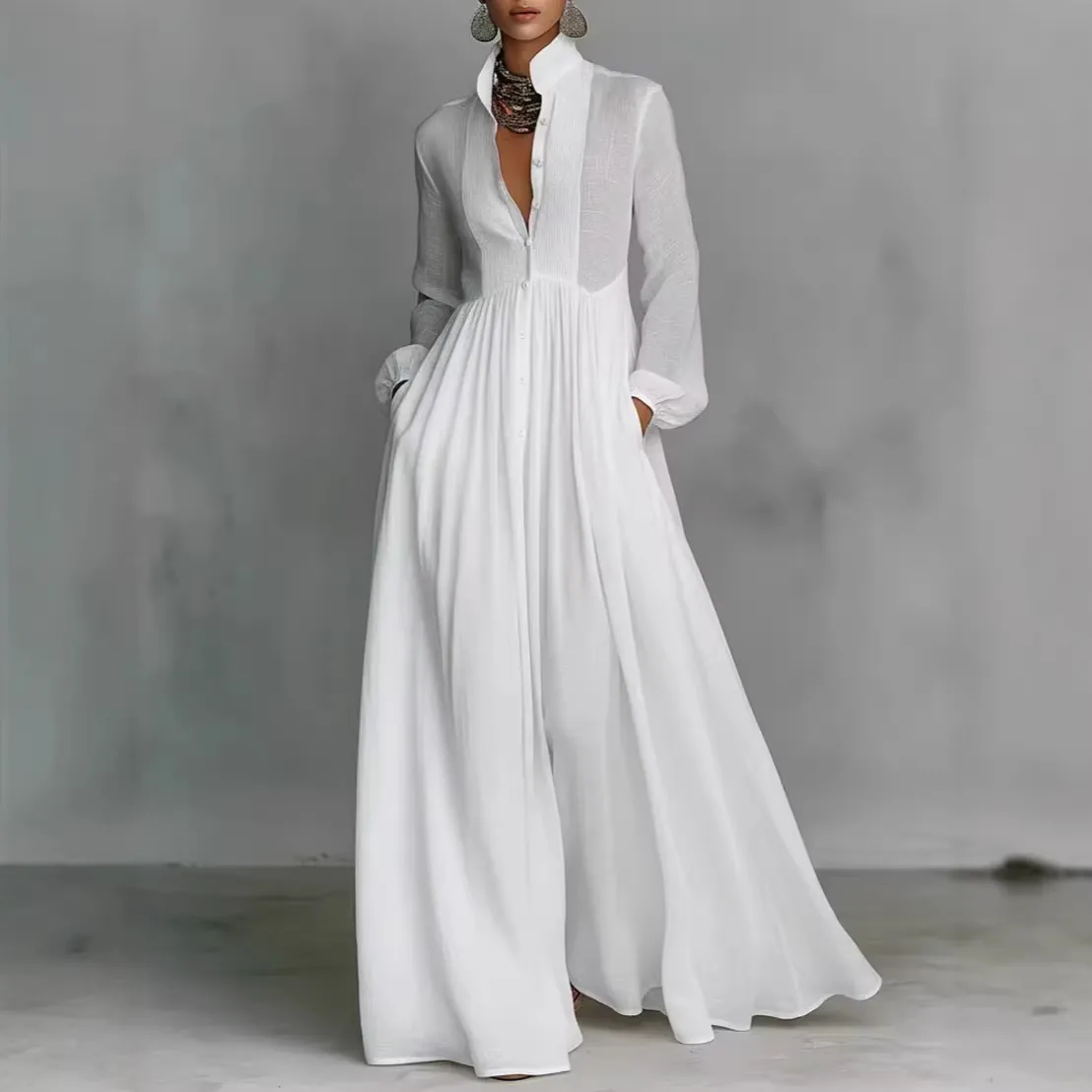 Abito Lungo Plissettato in Stile Francese per Donna Tinta Unita Manica Lunga Elegante Slim Fit Poliestere Resort