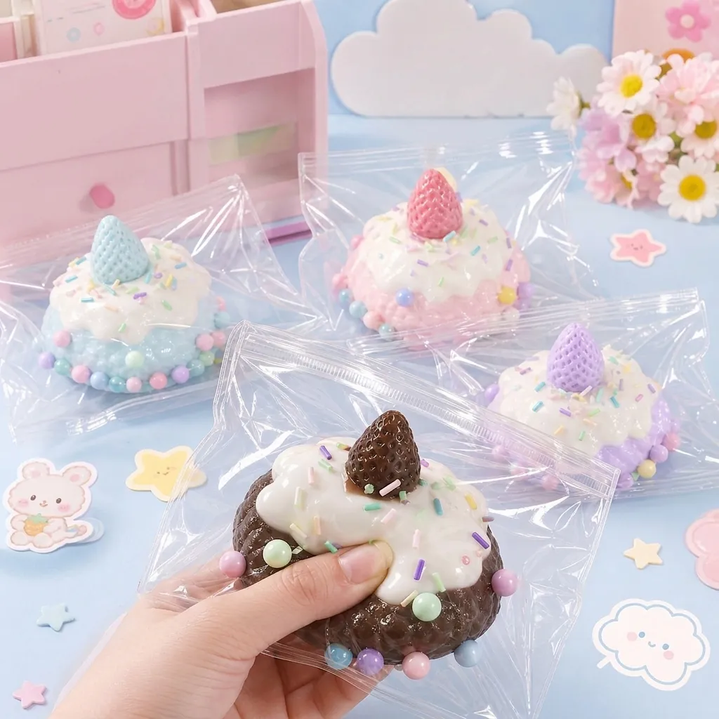 Strawberry Puff Cake Squishy Slow Rebound Stress Relief Toy Kawaii Dessert Handmade Simulation Squishy For Kids Teens Adults