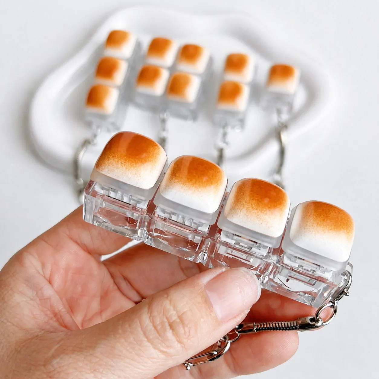 Caramel Bread Shape Mechanical Keyboard Switch Tester Fidget Toy Keychain For Stress Relief Transparent Base Bag Charm