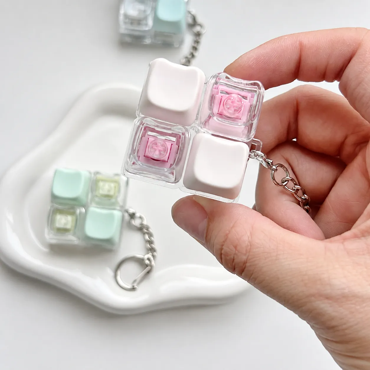 Cat Themed Mechanical Switch Fidget Toy Keychain PC Transparent Base Tactile Stress Relief Sensory Toy For Kids Adults