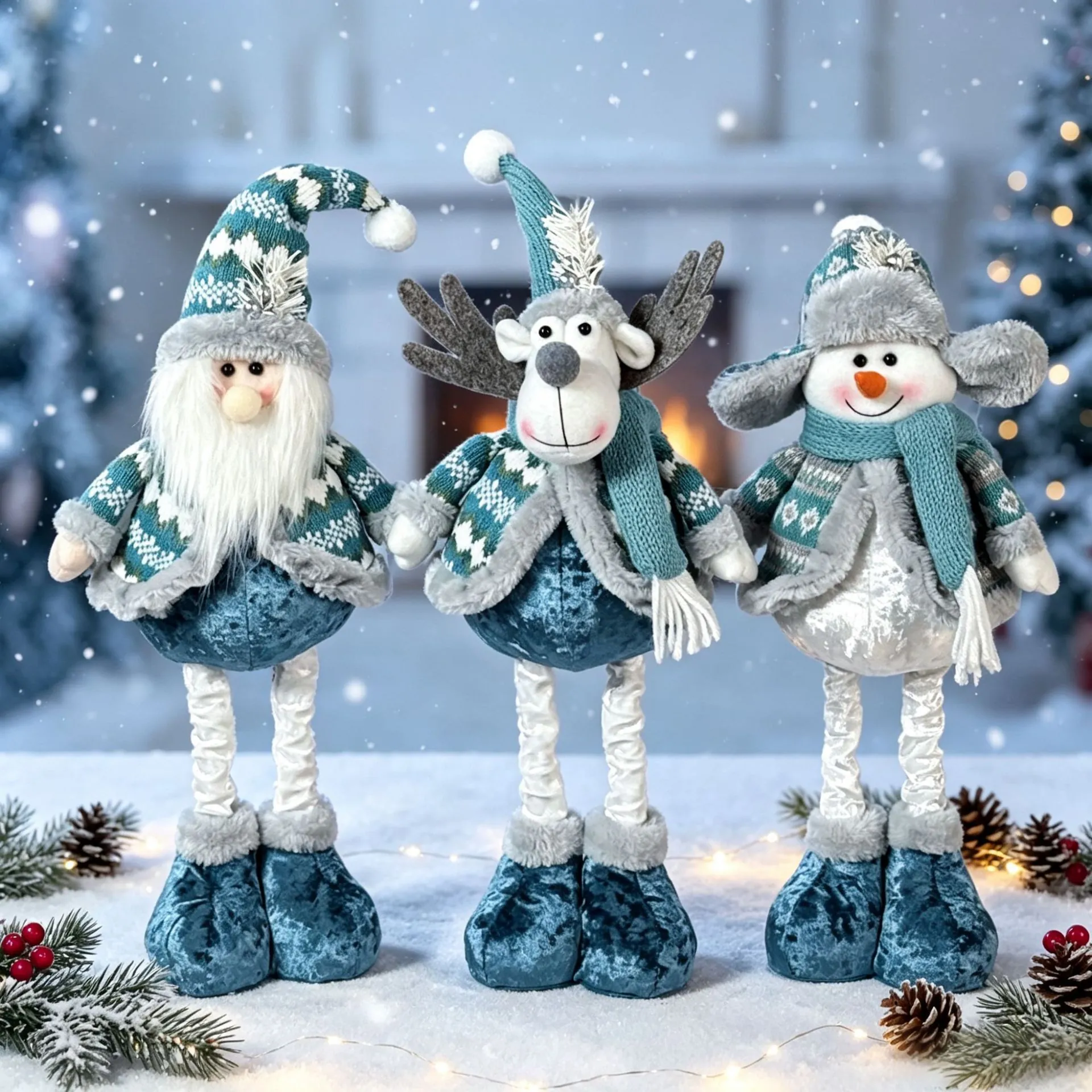 Nordic Winter Style Retractable Christmas Doll Ornament Blue Santa Claus Snowman Elk Plush Figurine Desktop Home Decoration
