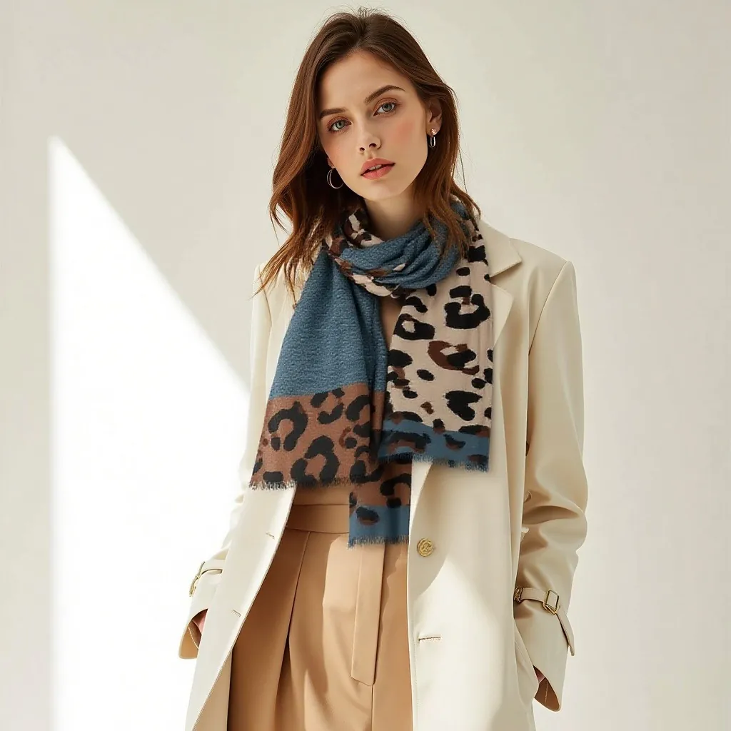 Bufanda de Patchwork con Estampado de Leopardo para Mujer Poliéster Bloques de Color Chal Largo Delgado con Borlas para Primavera Otoño Invierno
