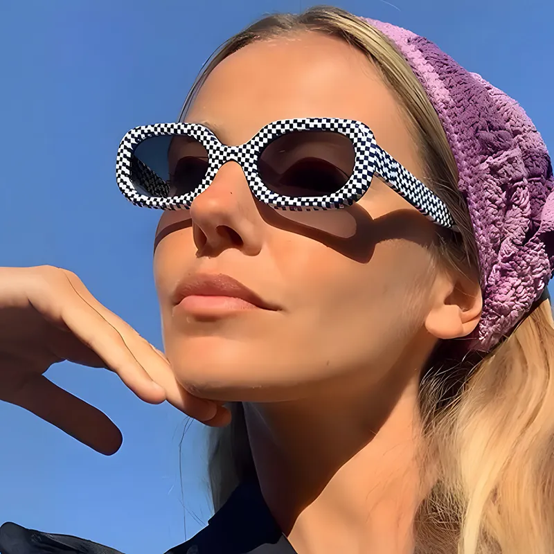 Retro Oval Sunglasses Fashion Checkerboard Pattern UV400 Protection PC Frame AC Lens Outdoor Travel Daily Chic Eyewear