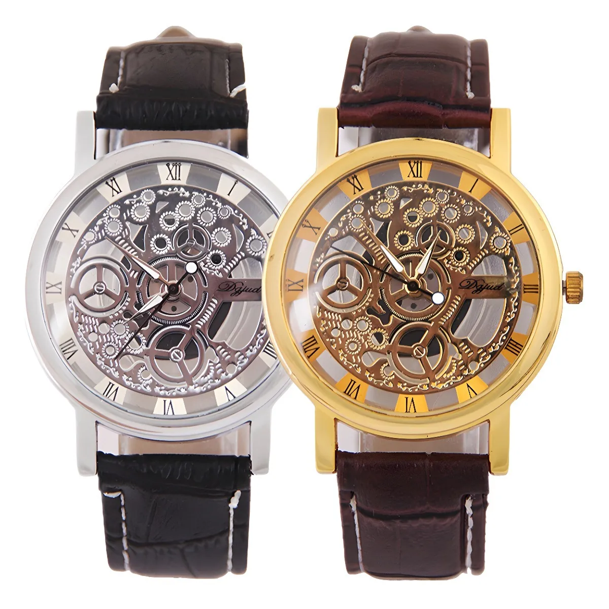 Men Fashion Skeleton Quartz Watch Hollow Dial Design Roman Numerals Alloy Case Faux Leather Strap Casual Business Wristwatch