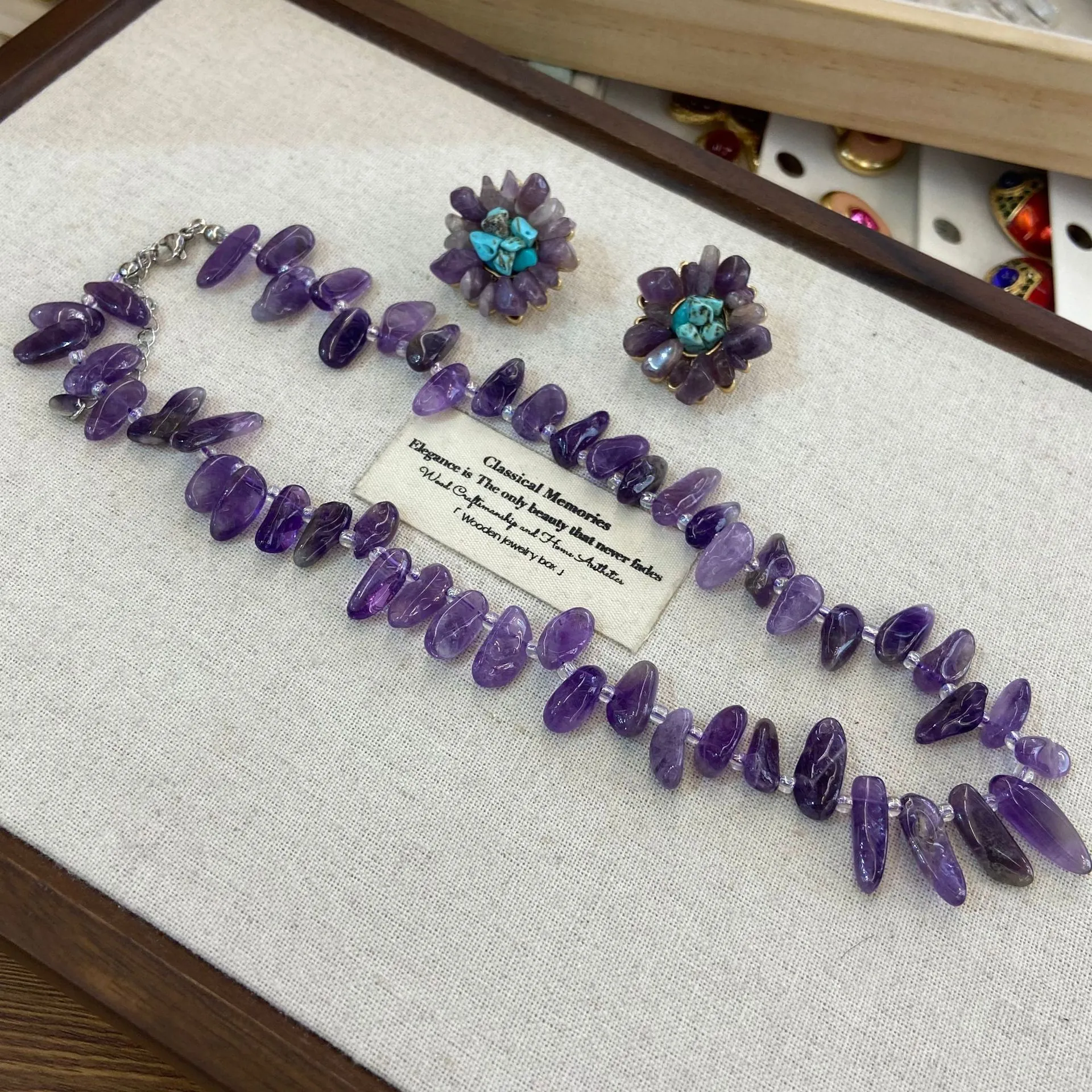 Natural Amethyst Irregular Tusk Shape Copper Necklace And Turquoise Flower Stud Earrings Artistic Vintage Jewelry Set For Women