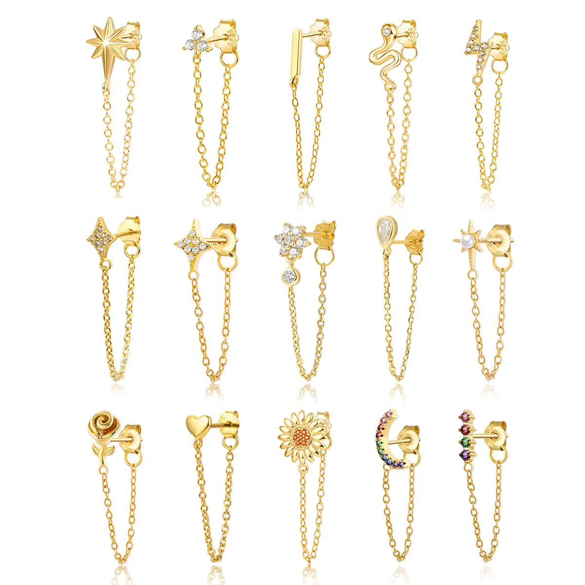 925 Sterling Silver Zirconia Stud Earrings Moon Star Flower Snake Long Tassel Chain Dangle Fashion Jewelry For Women