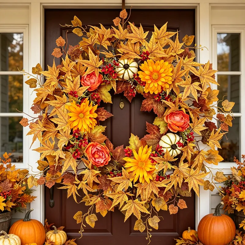 Autumn Harvest Wreath Front Door Decor Fall Maple Leaf Pumpkin Sunflower Rose Thanksgiving Halloween Floral Wreath Handmade Home Decoration