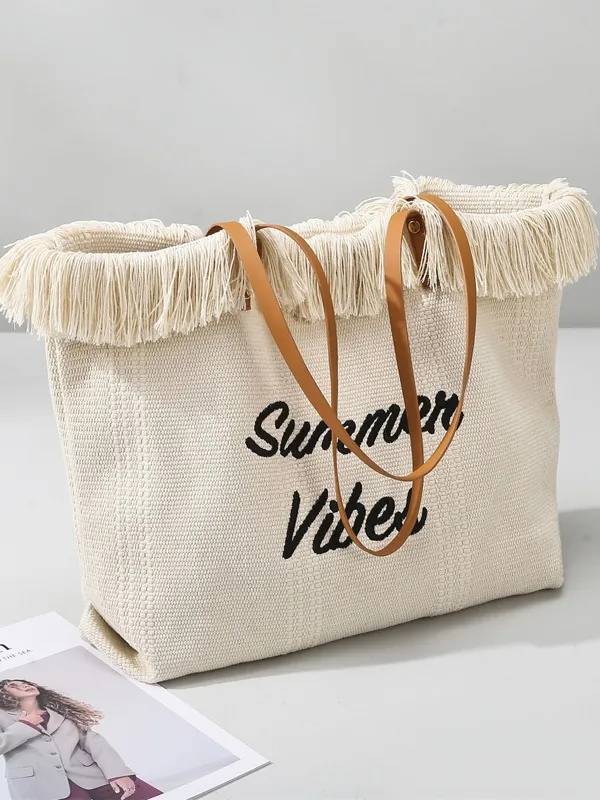Borsa Tote da Donna in Lana Intrecciata di Grande Capacità con Ricamo Summer Vibes Nappe Borsa a Tracolla da Spiaggia Casual