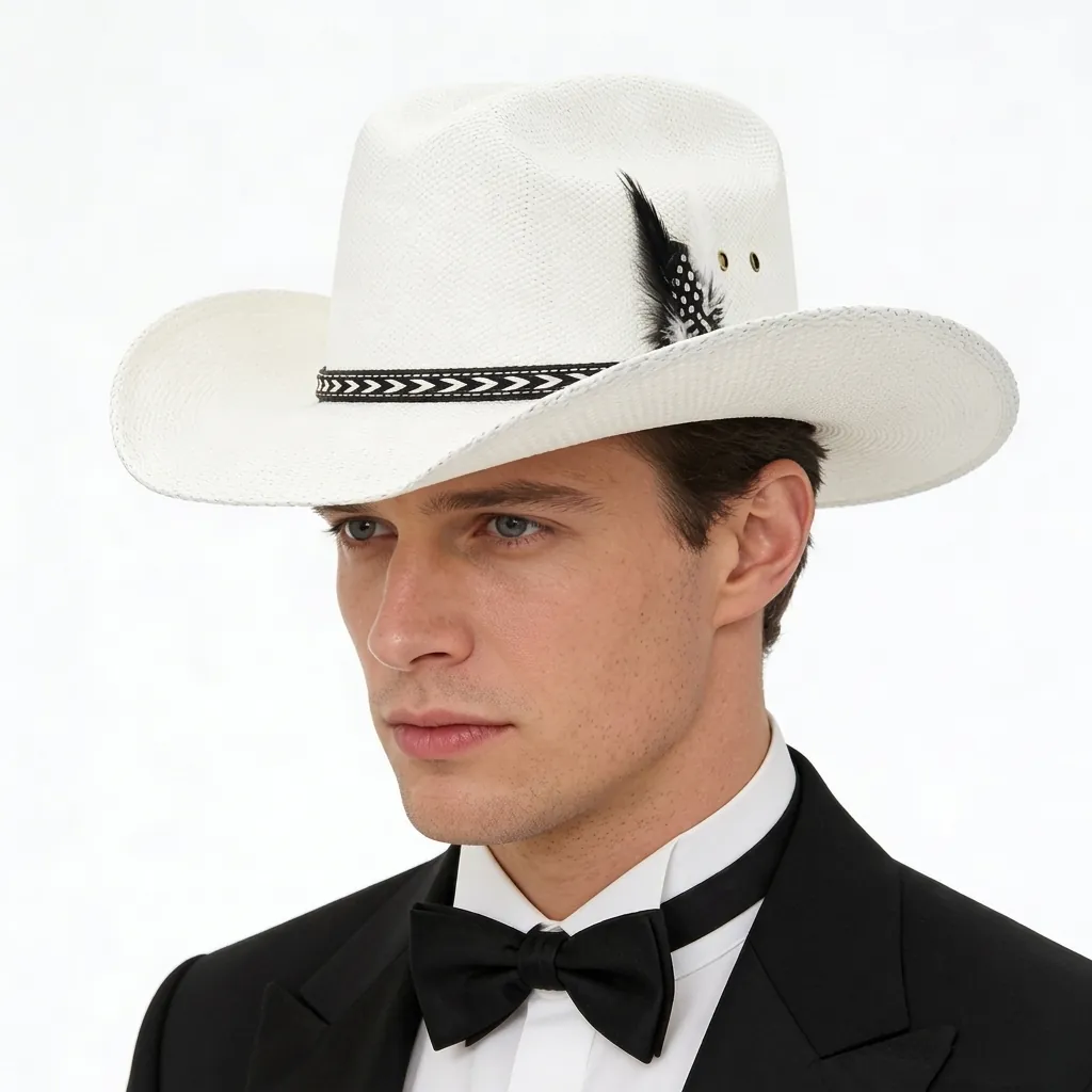 Retro Western Cowboyhut Mit Breiter Krempe Für Damen Herren Papierstroh Sonnenschutz Fedora Hut Mit Federdekoration Ethno Band