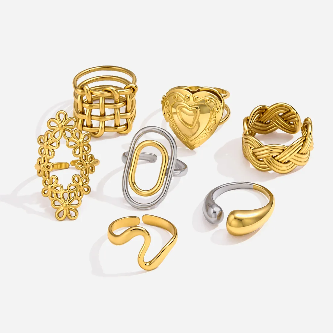 Stainless Steel Rings for Women 18K Gold Plated Hollow Heart Flower Woven Geometric Adjustable Open Ring Fashion Jewelry