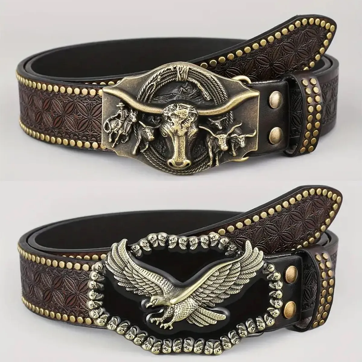 Cintura da Uomo Western Cowboy Punk in Pelle PU Goffrata Con Grande Fibbia in Lega Borchie Decorative Stile Etnico Cintura Retrò