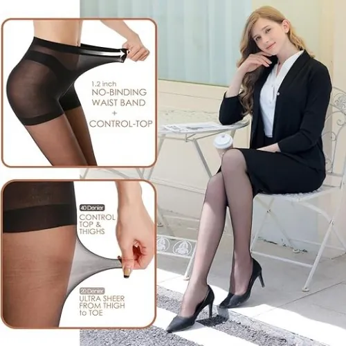 Women's 20D Ultra Thin Sheer Pantyhose Anti-Hook Run Resistant Stockings High Waist Control Top Seamless Tights Footed Hosiery