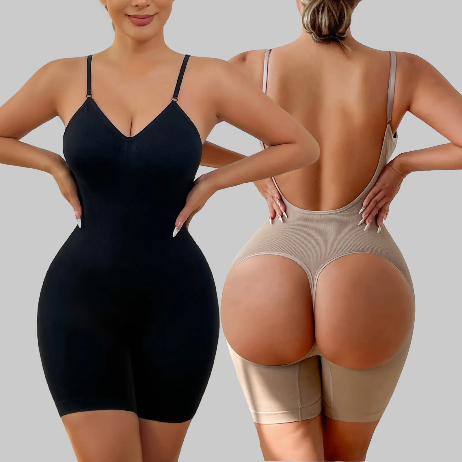 Seamless Body Shaper Bodysuit For Women Open Back Butt Lifting Tummy Control Spaghetti Strap Ribbed Slimming Shapewear Jumpsuit