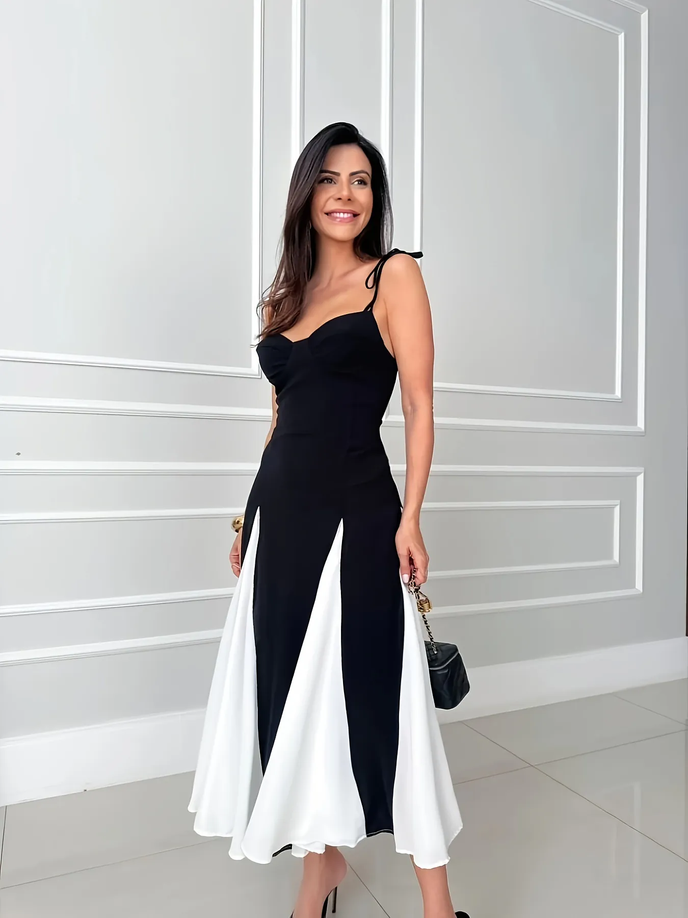 French Style Elegant Contrast Color Block Maxi Dress For Women Sweetheart Neck Tie Strap High Slit Large Flare Hem Resort Party Dress