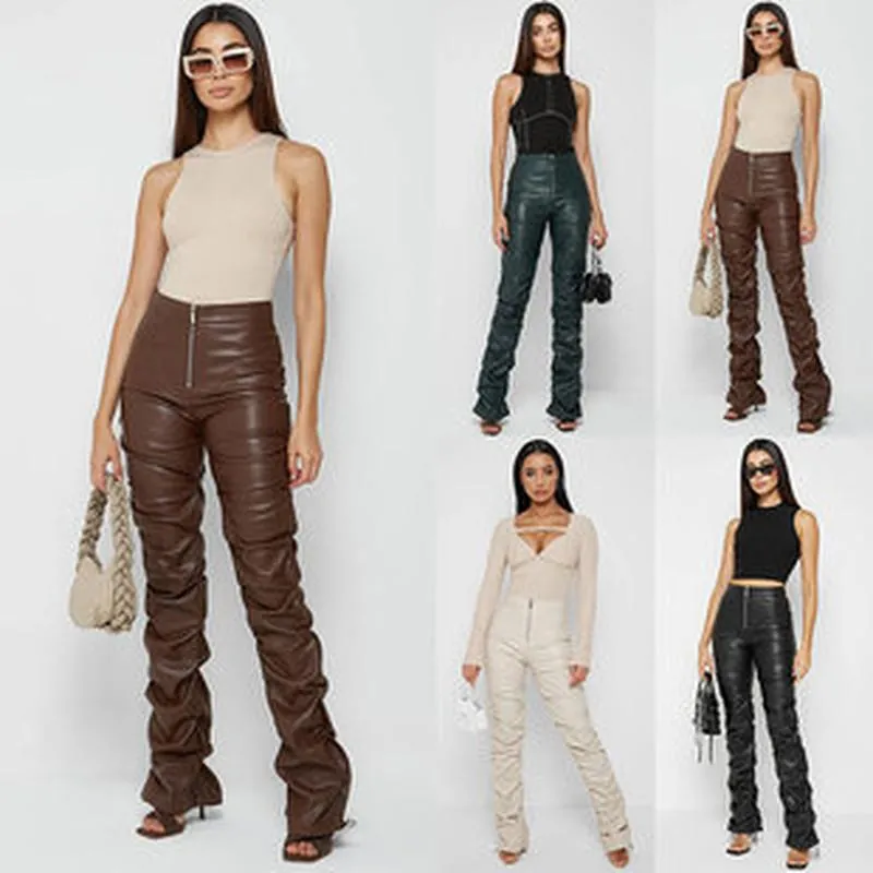Pantalones Acampanados Apilados de Cuero PU de Cintura Alta para Mujer Moda Ajustado Pantalones de Piel Sintética Fruncidos para Estilo Urbano