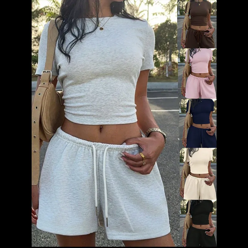 Ensemble Short en Tricot Décontracté pour Femmes Coupe Ajustée Crop Top Et Short à Cordon de Serrage Deux Pièces Tenue Été