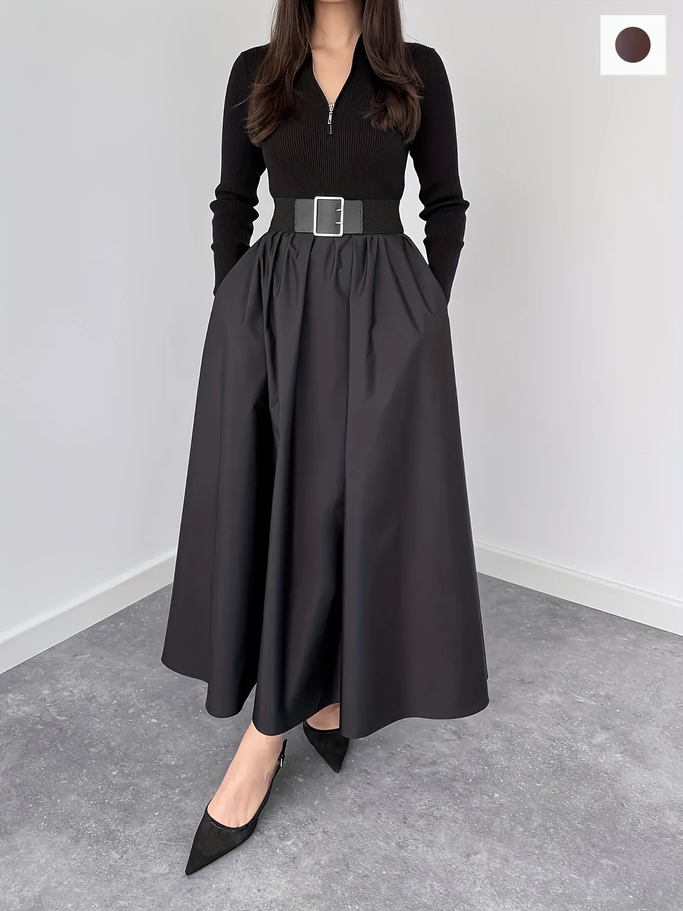 Women Elegant French Hepburn Style Black Long Sleeve Midi Dress Ribbed Knit V-Neck A-Line Dress With Metal Buckle Belt