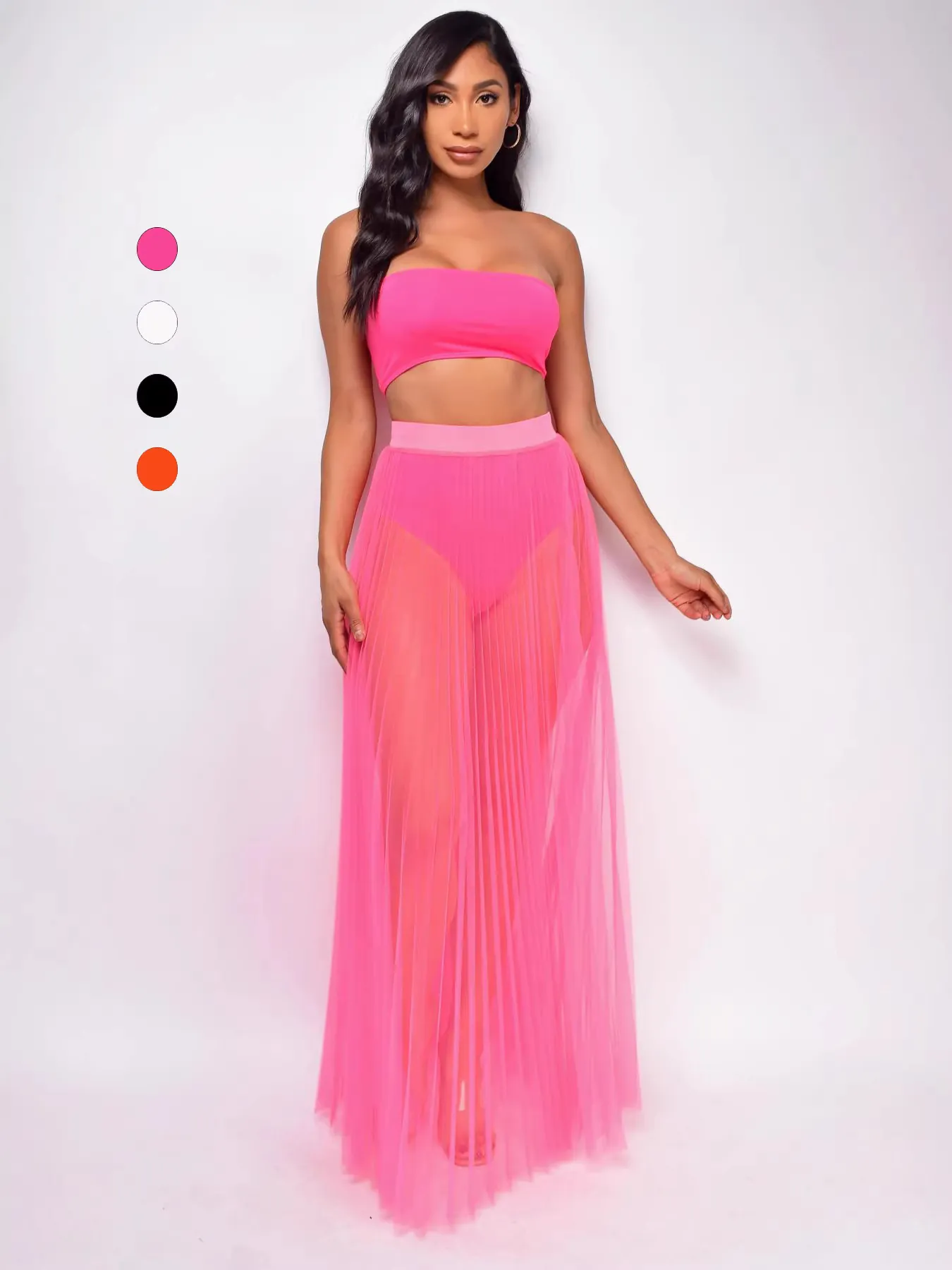 Ensemble Trois Pièces Sexy pour Femmes Haut Bandeau Culotte et Jupe Longue Plissée en Maille Tenue de Plage Vacances
