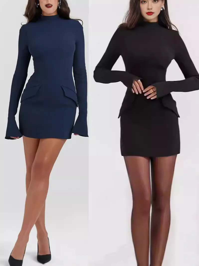 Women's Sexy Bodycon Mini Dress Elegant Flared Long Sleeve High Neck Party Dress Slim Fit Office Lady Solid Color Dresses
