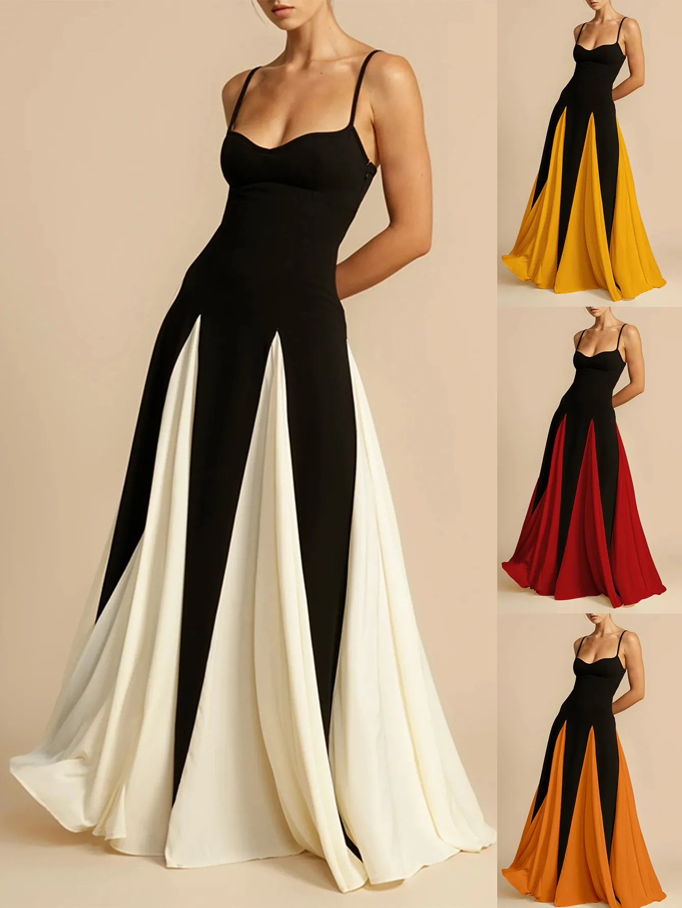 Women Elegant Spliced Maxi Dress Sexy Backless Evening Gown Color Block Pleated Big Swing Sling Dress For Party Banquet